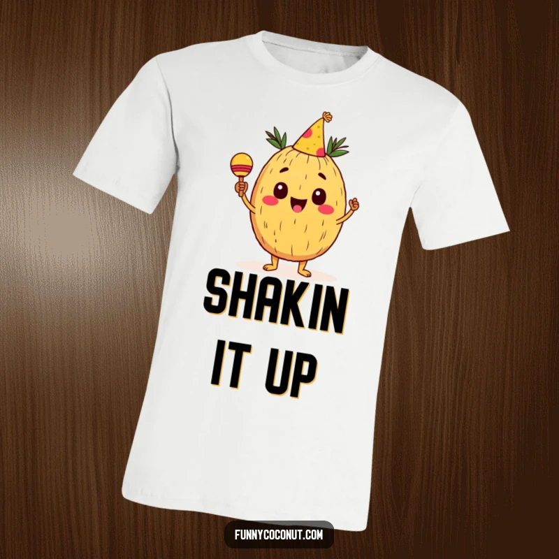 Funny Coconut T-Shirt: A cheerful coconut character wearing a party hat and shaking maracas, celebrating with infectious enthusiasm, ideal for party lovers.