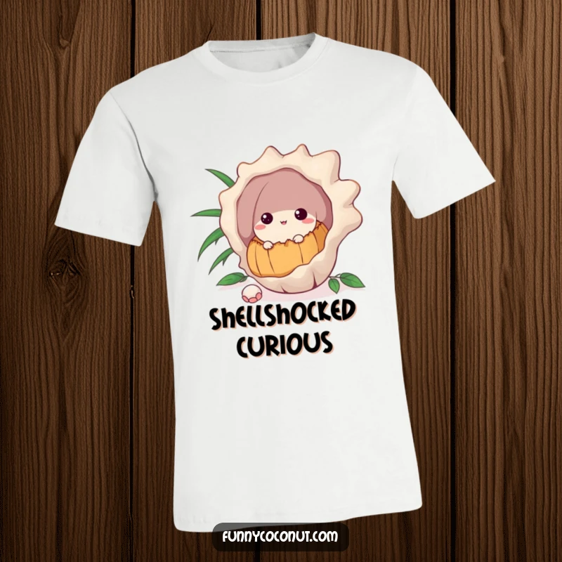 Funny t-shirt featuring a curious coconut peeking out from behind a large seashell, conveying inquisitiveness.