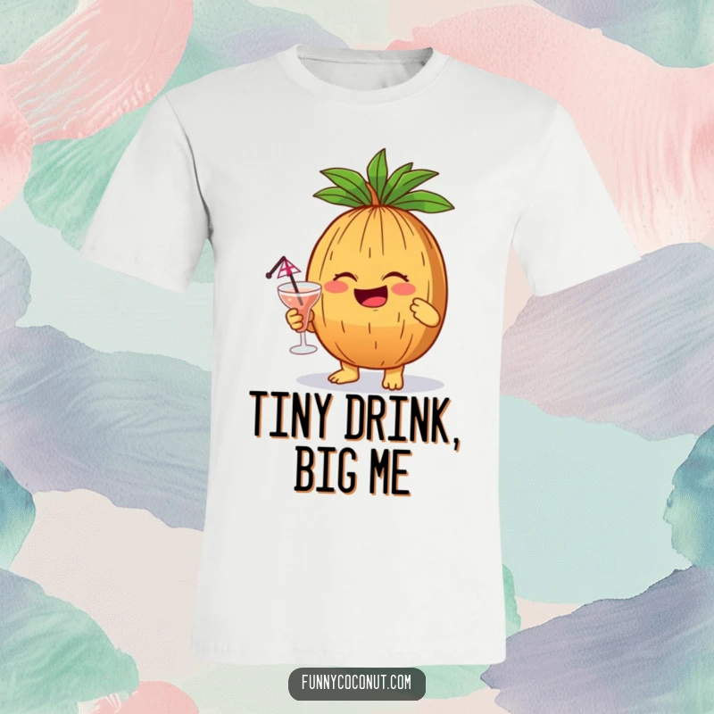 Funny coconut character laughing heartily while holding a small cocktail with a tiny umbrella, a humorous t-shirt.