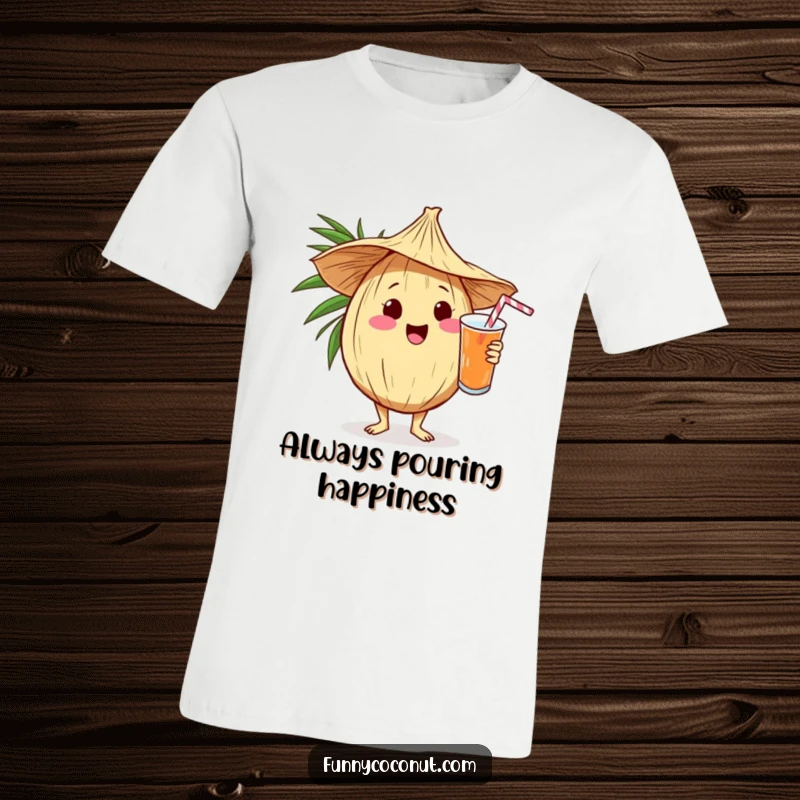 Funny kawaii coconut in a straw hat, presenting a colorful drink with a welcoming smile on a t-shirt.