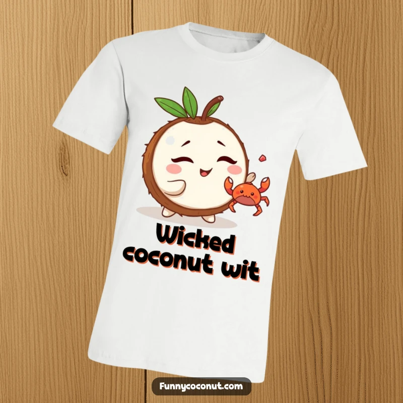 Funny Kawaii Coconut T-Shirt: a mischievous character giving a wink while tossing a tiny crab, full of playful beach energy.
