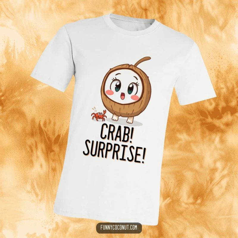Funny coconut character with bulging eyes, looking startled at a small crab running by, a humorous t-shirt for reactions.