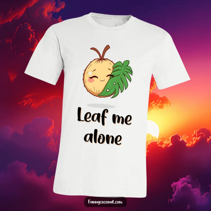 Funny t-shirt print of a winking coconut holding a comically large palm leaf, exuding tropical fun.