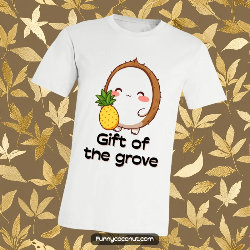 Funny t-shirt featuring a blushing coconut character offering a small, juicy pineapple, conveying a sweet and humorous gesture of kindness.