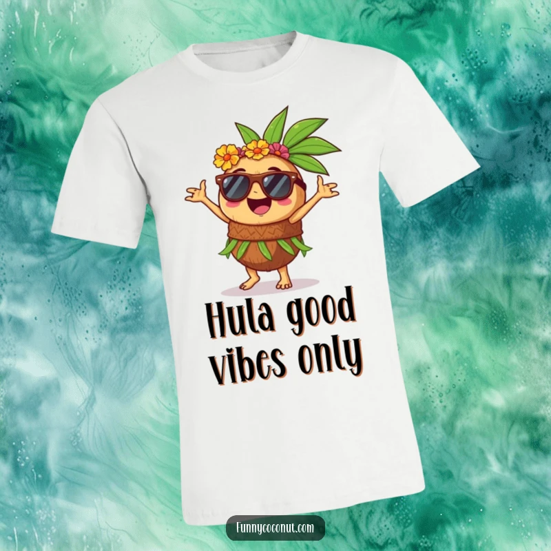 Funny T-shirt showcasing a happy coconut with sunglasses, doing a lively hula dance, radiating pure tropical joy.