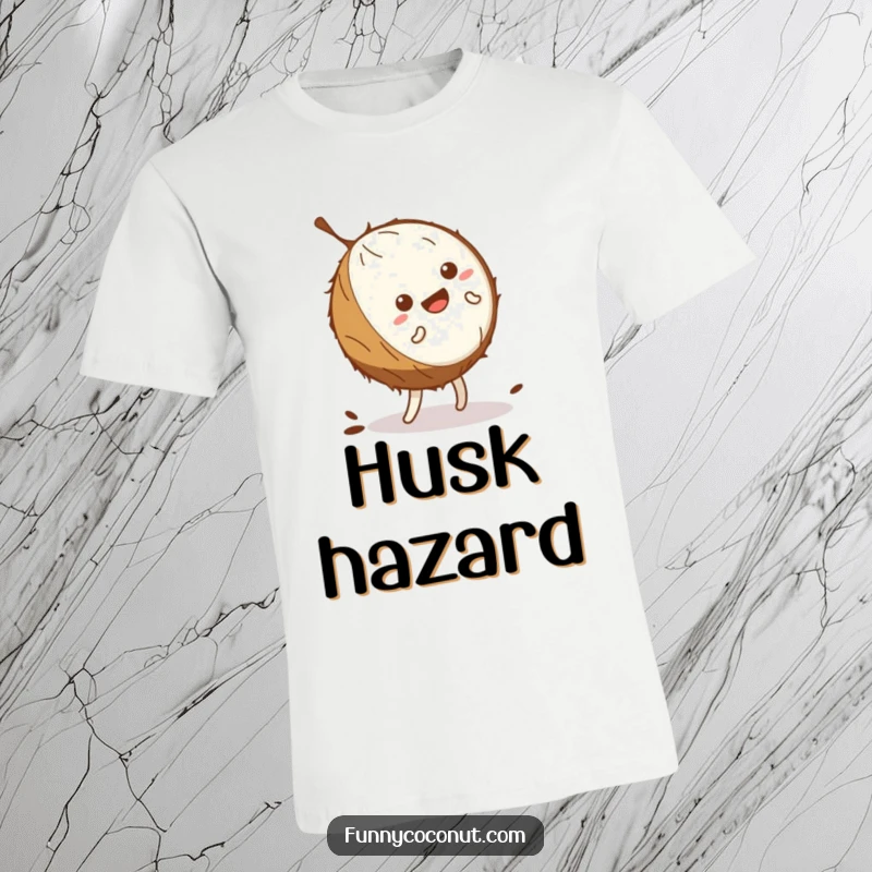 Funny kawaii coconut attempting a cartwheel with a comically wobbling husk, printed on a t-shirt, for active humor.