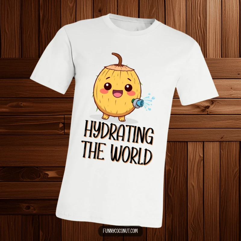 Funny T-shirt depicting a cheerful coconut character happily spraying water from a tiny hose with great excitement.