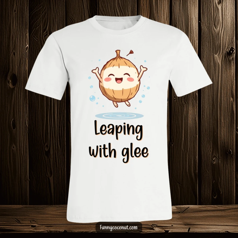 Funny t-shirt featuring a coconut character leaping with pure joy amidst a cascade of sparkling water droplets, capturing vibrant energy.
