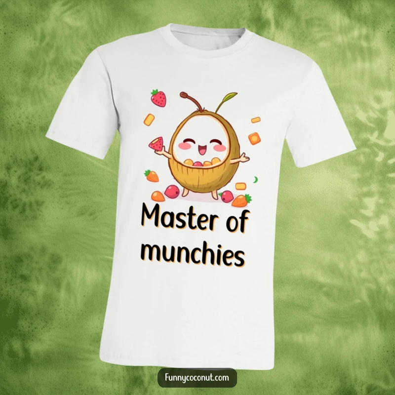 Funny t-shirt depicting a winking coconut expertly juggling colorful tiny fruit snacks, showcasing playful skill and fruity fun.