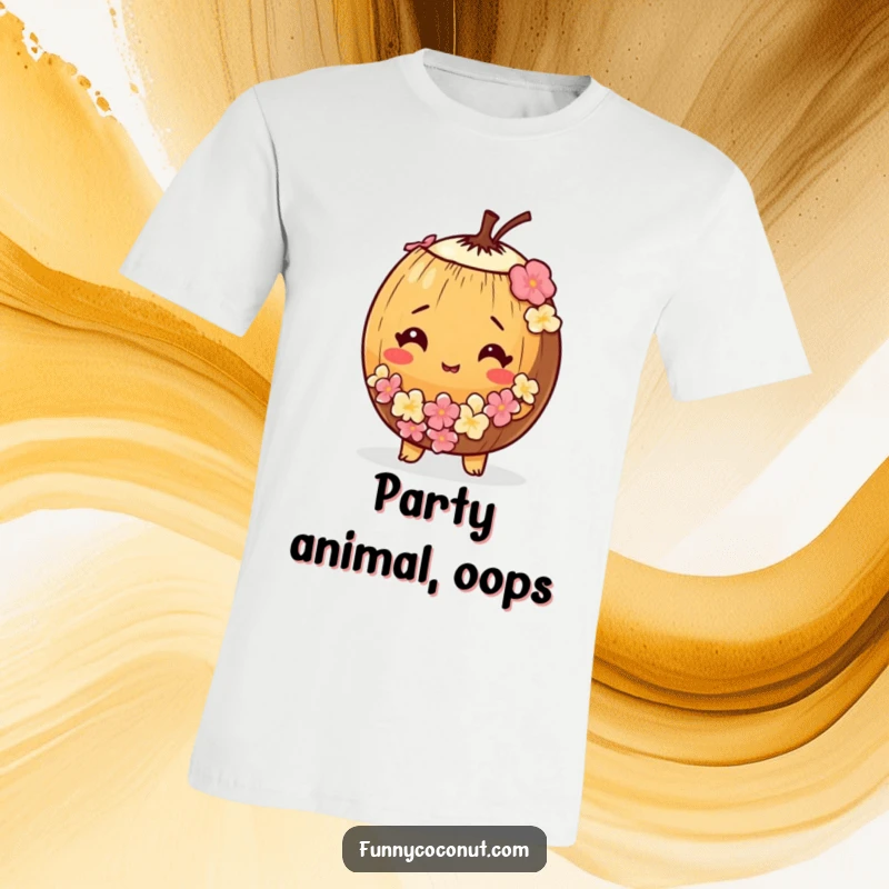 Funny t-shirt print of a bewildered coconut wearing a tiny lei, looking hilariously confused.