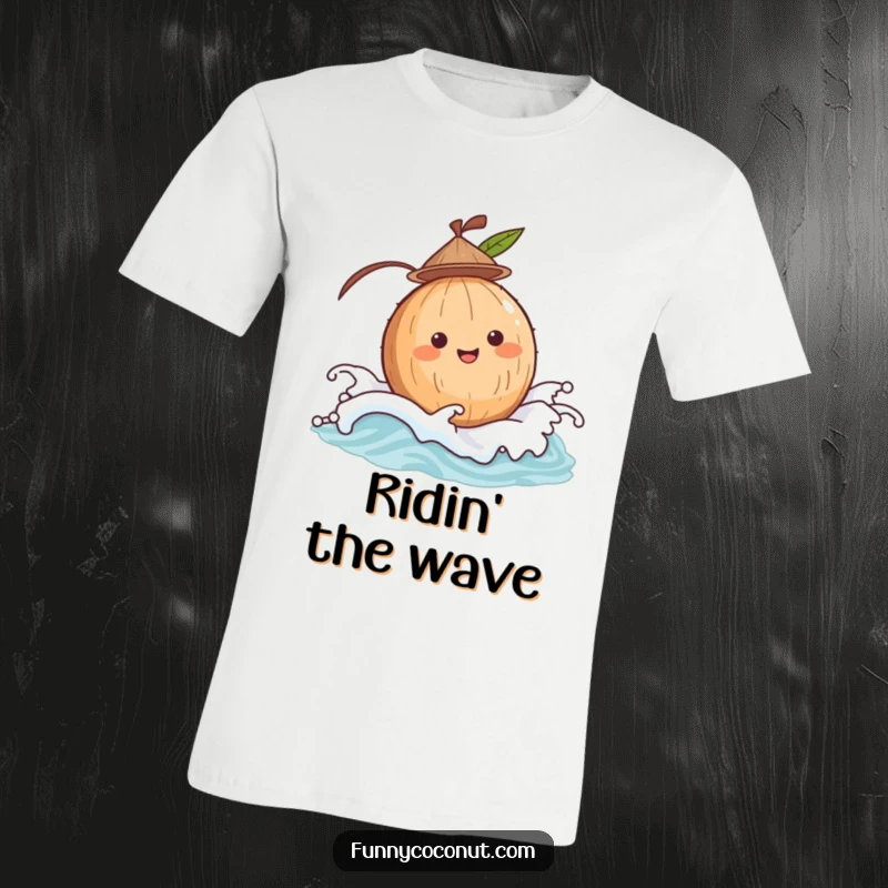 Funny small coconut with a hat, cheerfully bobbing on a sea wave, showcasing cute and calm ocean adventures.