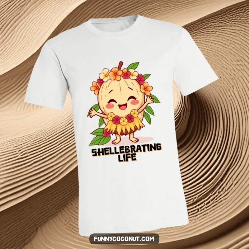 Funny coconut t-shirt depicts a happy coconut in a vibrant hula dance, adorned with a lei, radiating tropical joy and movement.
