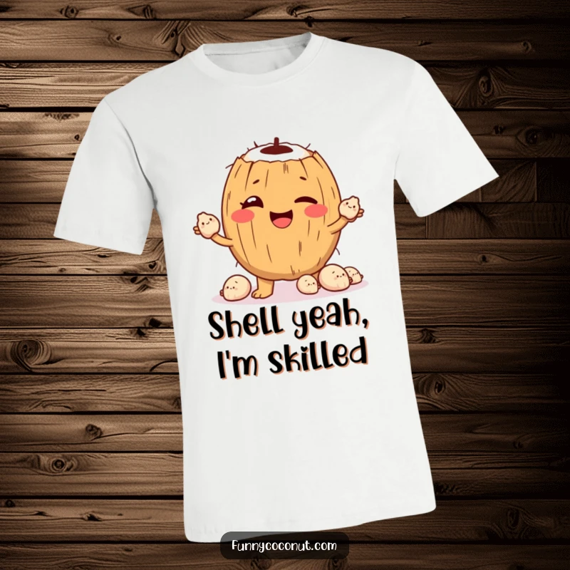 Funny T-Shirt: A winking coconut character demonstrates impressive juggling skills with tiny, happy seashells, radiating playful energy.