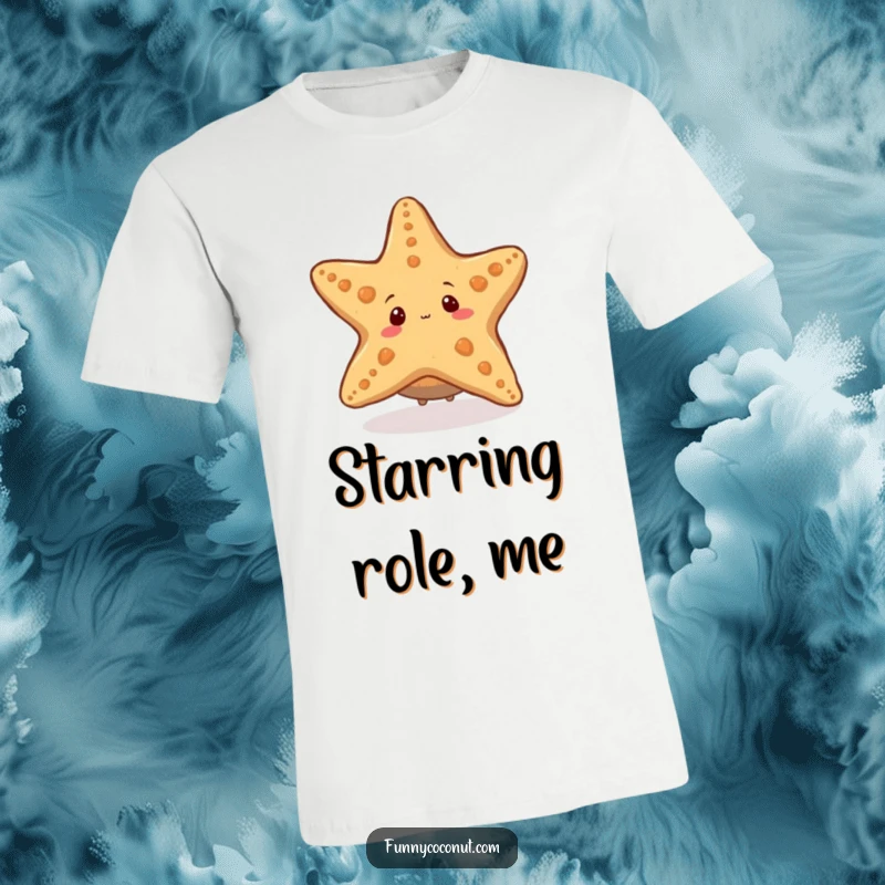 Funny t-shirt featuring a mischievous coconut character peeking out from behind a big, cheerful starfish, embodying underwater playfulness.