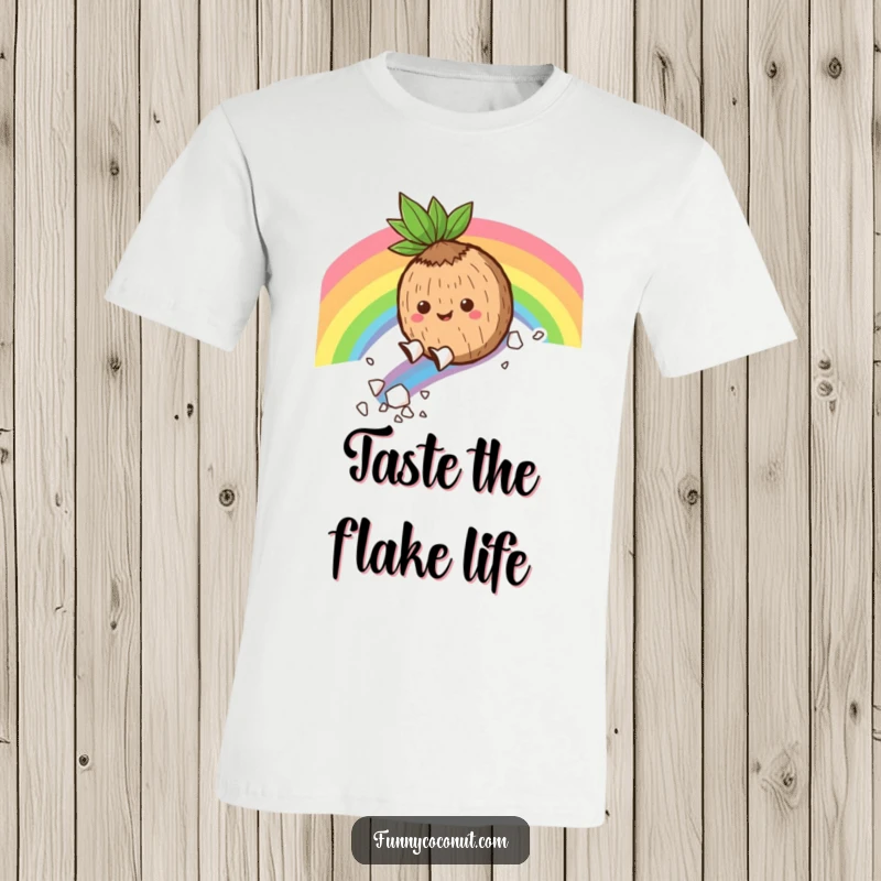 Funny T-Shirt: A cheerful coconut character glides joyfully down a bright rainbow, scattering coconut flakes, capturing pure, unadulterated fun.