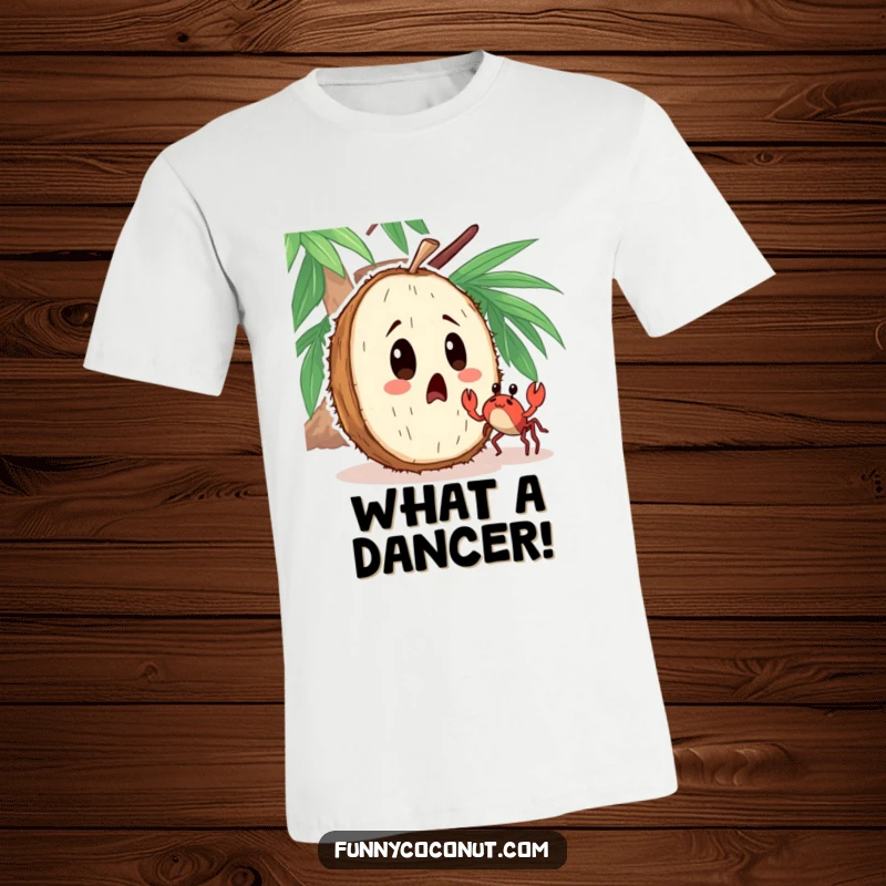 Funny T-shirt depicting a wide-eyed, surprised coconut character observing a tiny, happily dancing crab nearby.