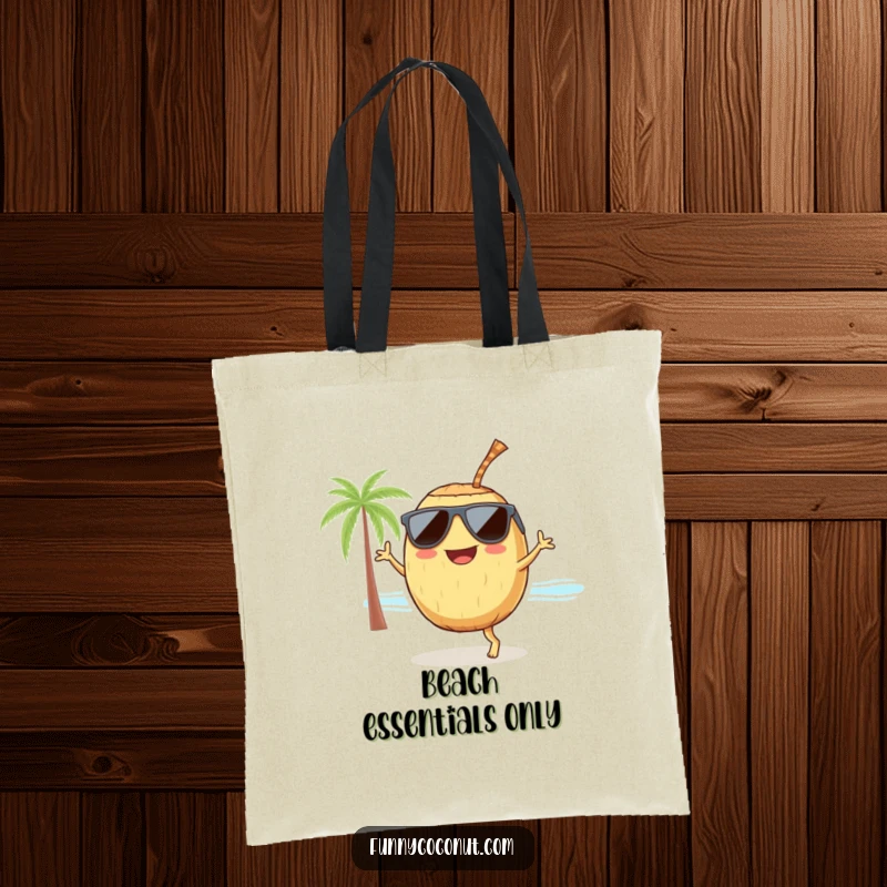 Funny smiling coconut with sunglasses and a straw, dancing on a beach, a cheerful and practical tote for sunny days.