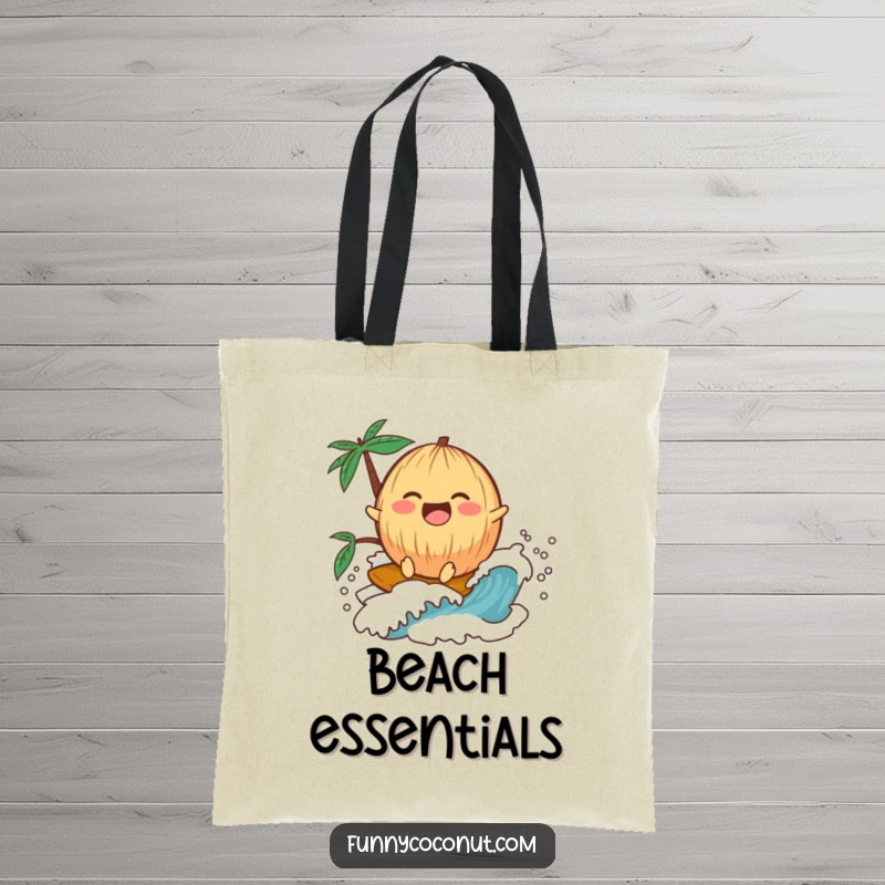 Funny kawaii coconut laughing while riding a wave, on a durable tote bag, perfect for beach trips.