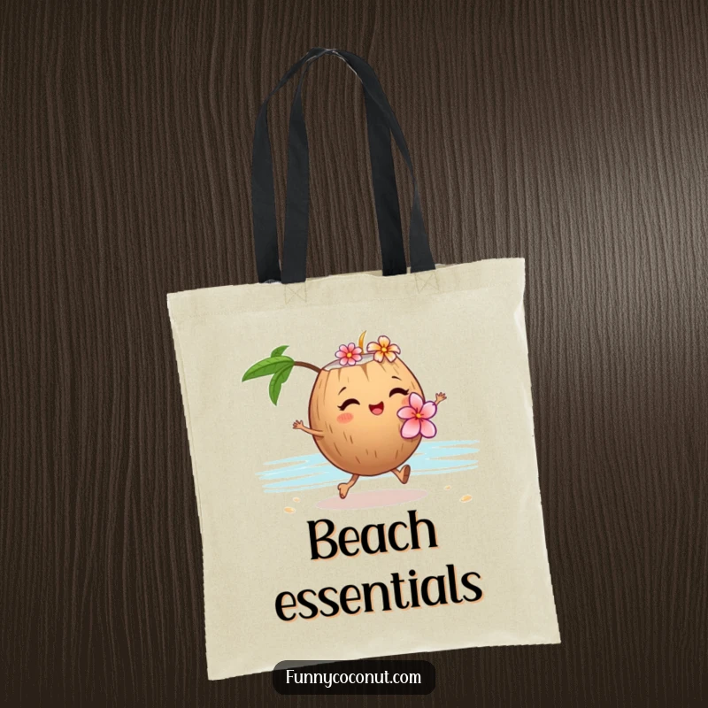 Funny tote bag featuring a winking coconut adorned with a flower lei, happily skipping on the sand, ready for beach trips.