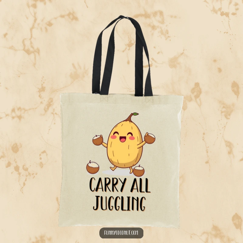 Funny Coconut Juggler Tote Bag: A jubilant coconut character juggles smaller coconuts, perfect for carrying items with a fun and energetic flair.