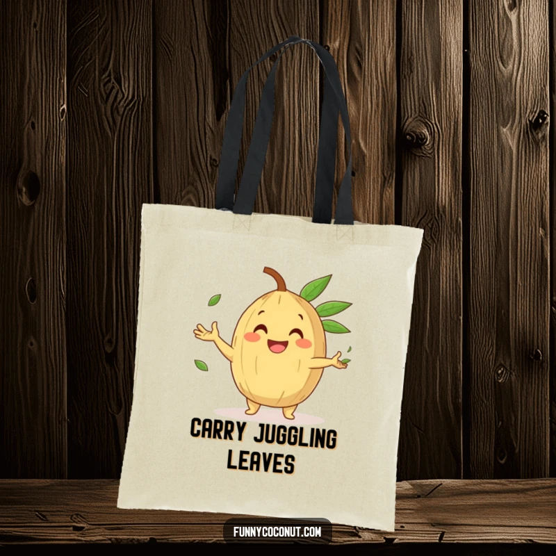 Funny Tote Bag of a happy coconut character with a gleeful grin, juggling tiny palm leaves, ideal for daily use.
