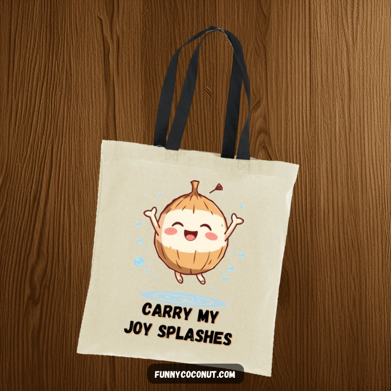 Funny tote bag showing a coconut character leaping with joy surrounded by sparkling water, perfect for carrying essentials with a refreshing vibe.