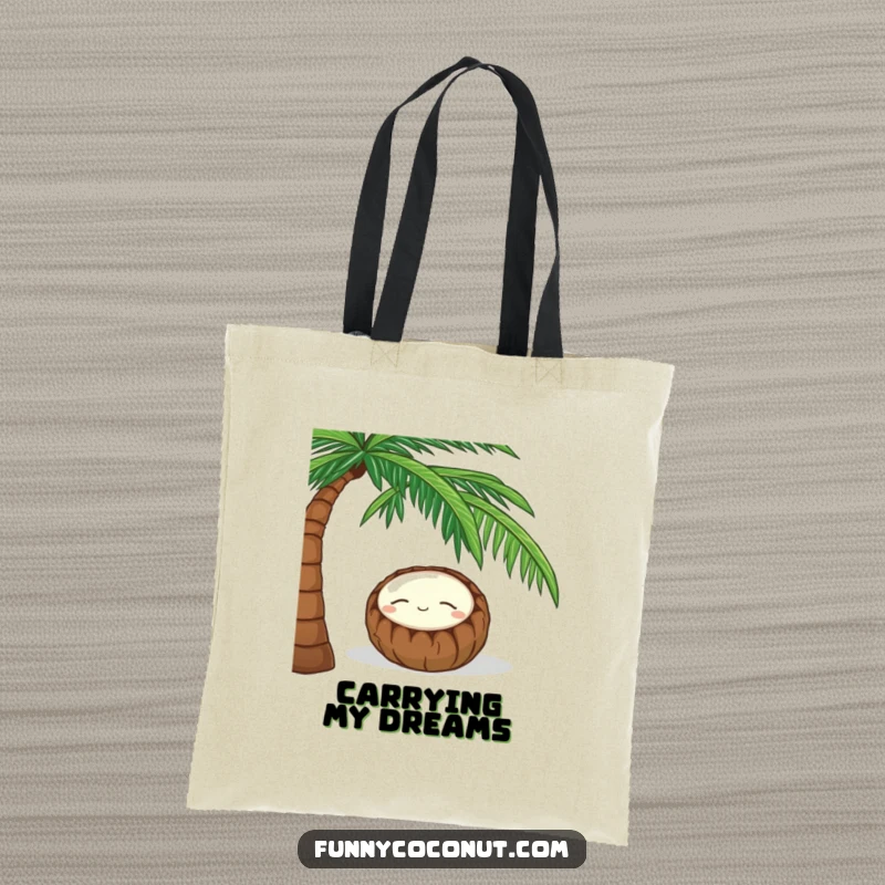 Funny tote bag featuring a sleeping coconut in a peaceful slumber under a palm tree, exuding tranquility.
