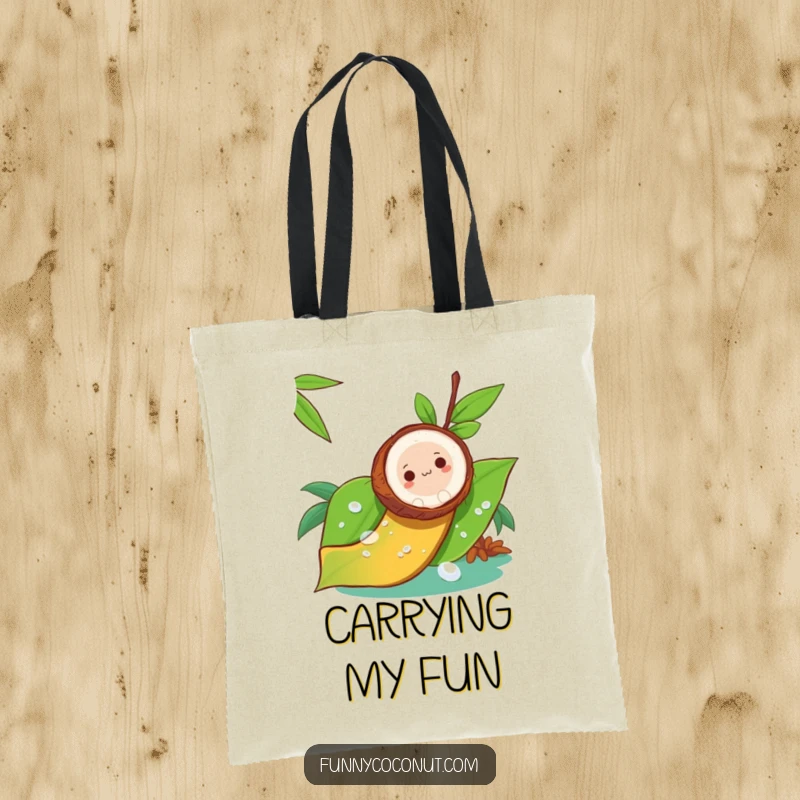 Funny tote bag illustration of a coconut sliding down a dewy leaf, like a natural water slide, ready for adventures.