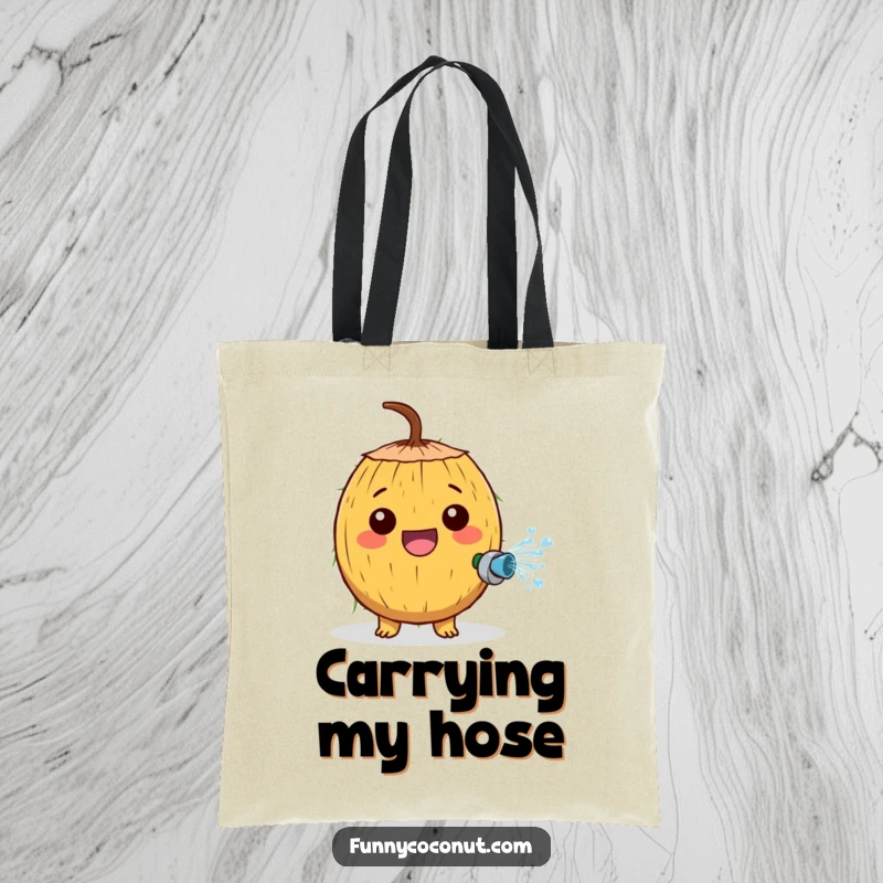 Funny tote bag featuring a cheerful coconut character enthusiastically spraying water from a tiny hose with joyful energy.