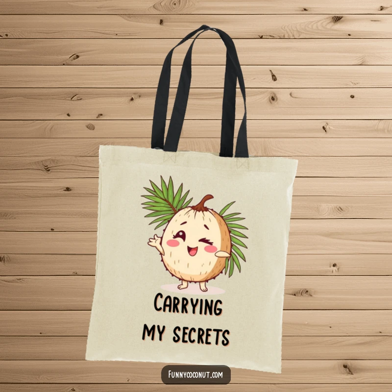 Funny tote bag illustration of a coconut character winking and striking a dramatic pose with a large palm frond, exuding playful confidence.