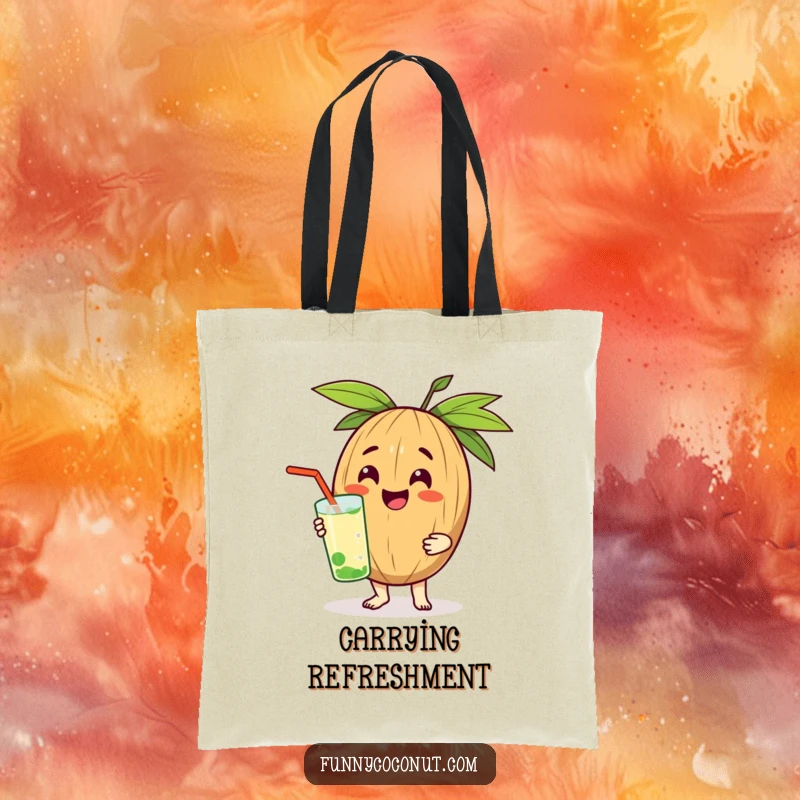 Funny tote bag with a smiling coconut character presenting a refreshing beverage, ideal for everyday use.