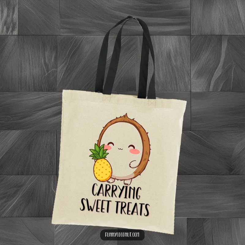 Funny tote bag featuring a blushing coconut character offering a pineapple, perfect for carrying daily items with a sweet, humorous touch.