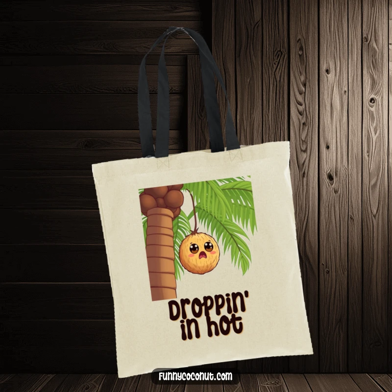 Funny coconut with surprised eyes, falling from a palm tree, a humorous and practical tote bag for daily use.