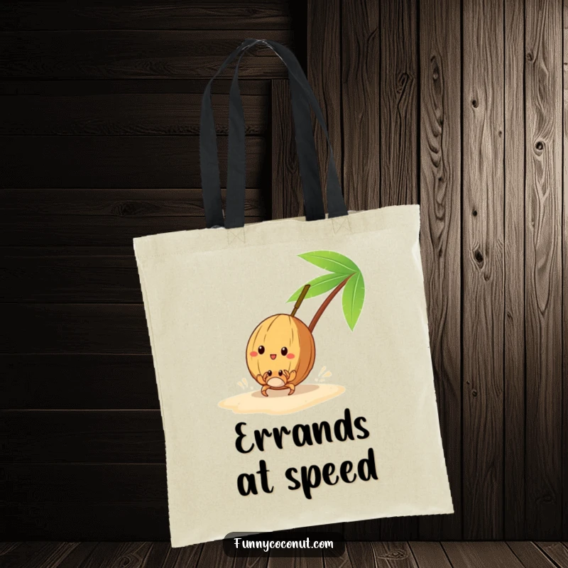 Funny tote bag showing a coconut racing a tiny crab on the sand, perfect for beach outings.