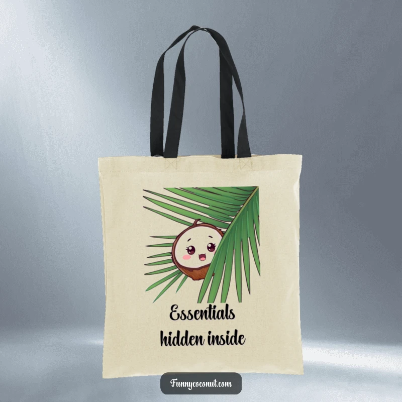 Funny Coconut Peek-a-Boo Tote Bag, a coconut comically emerging from behind palm leaves, offering a surprise with an amusing expression.