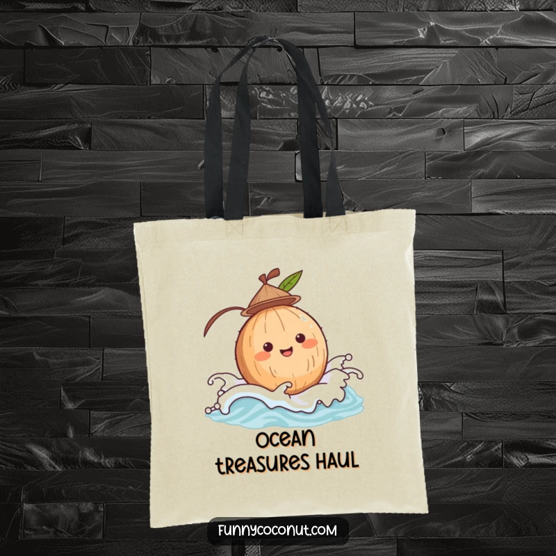 Funny coconut wearing a hat, bobbing cheerfully on a gentle wave, a cute and humorous tote bag for seaside essentials.