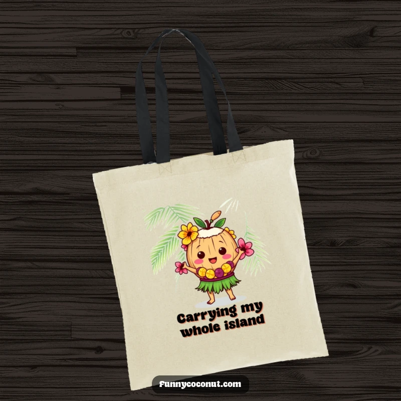 Funny coconut character with a lei, doing the hula, ideal for carrying groceries or beach gear with a humorous touch.