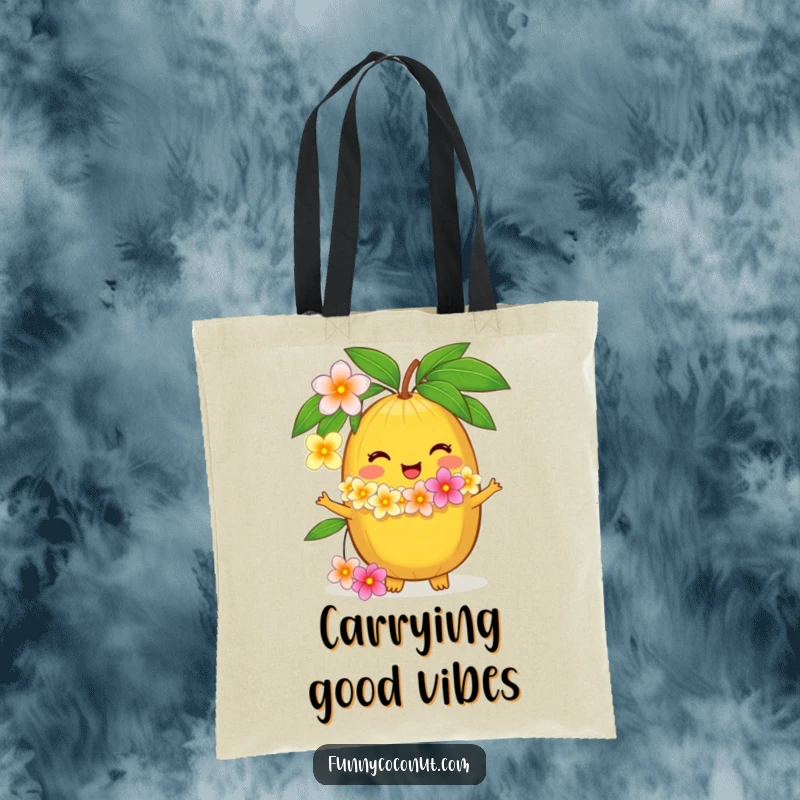 Funny tote bag with a delighted coconut character offering a fresh flower lei, a humorous and stylish beach accessory.