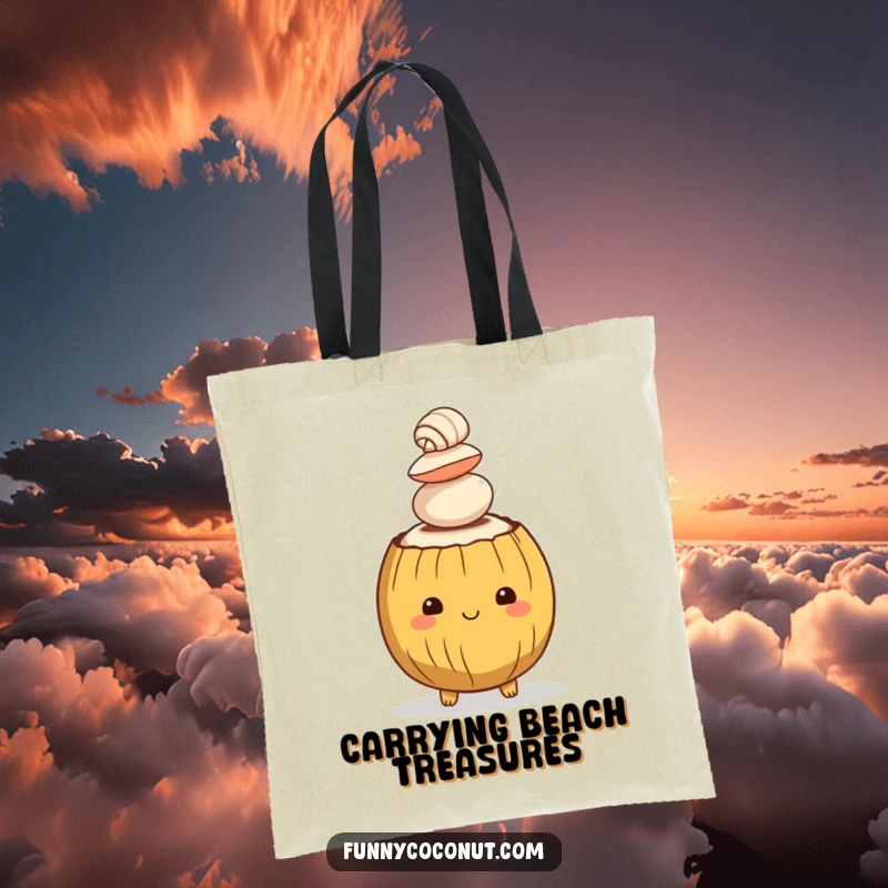 Funny tote bag displaying a clever coconut character balancing a stack of assorted seashells on its head, a charming beach accessory.