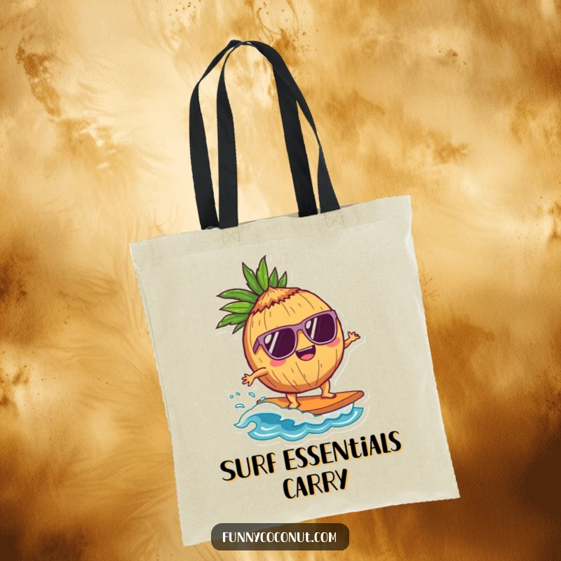 Funny Coconut Surfer Tote Bag: A delighted coconut character in sunglasses surfs a wave, perfect for carrying beach gear with cool, humorous flair.