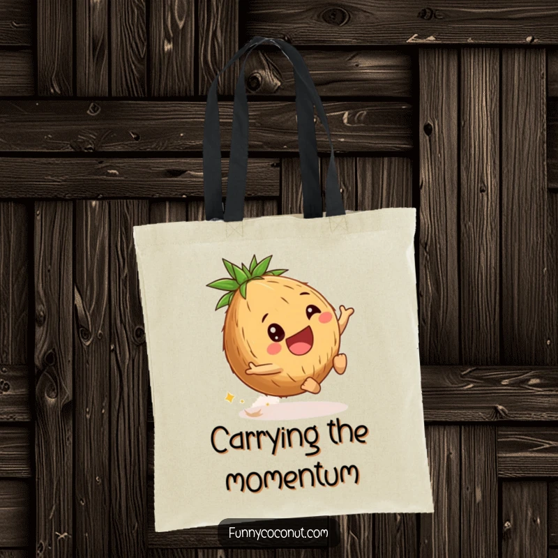 Funny coconut tote bag showing a delighted young coconut rolling downhill, perfect for shopping with a sense of playful adventure and fun.