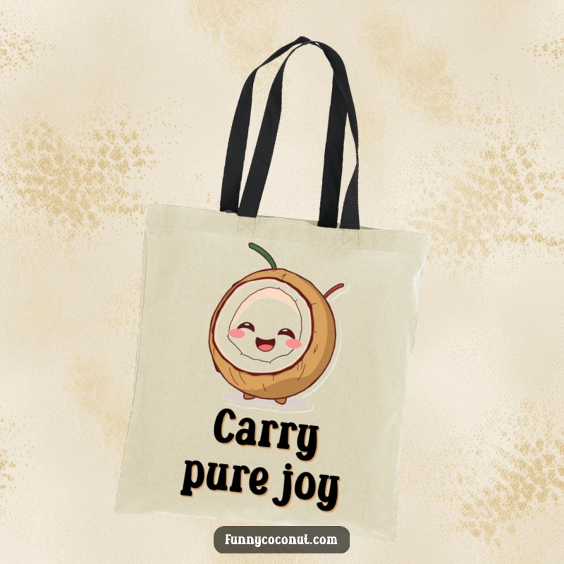Funny tote bag with a coconut character splitting open with a big, happy giggle, perfect for carrying essentials.