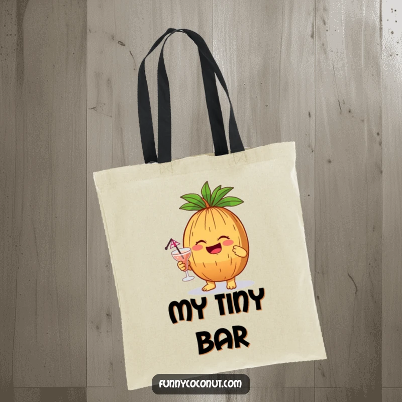 Funny giggling coconut holding a small cocktail with an umbrella, a humorous tote bag for party essentials.