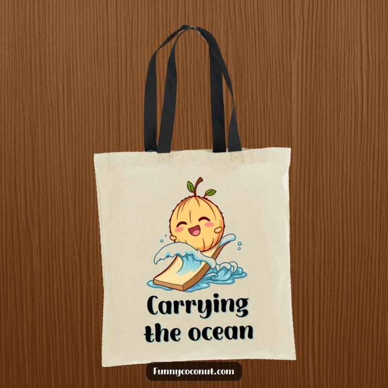 Funny tote bag with a giggling coconut character being pushed down a slide by a small wave.