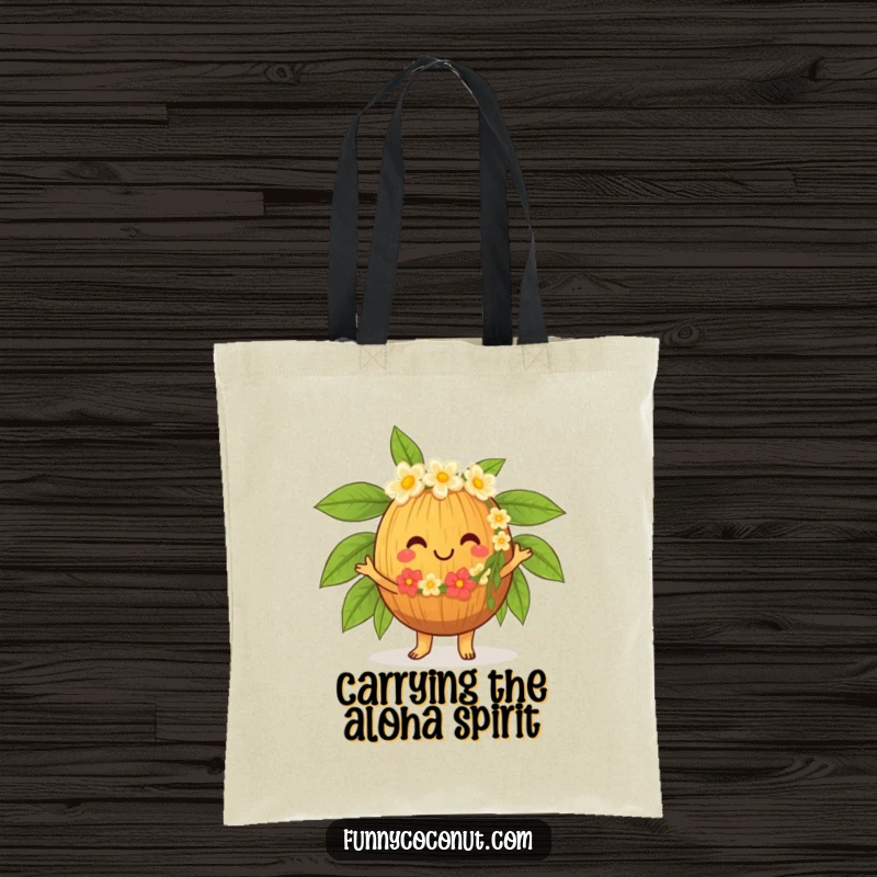 Funny Hula Coconut Tote Bag, featuring a cheerful character in a lei, dancing the hula with infectious tropical energy and a smile.