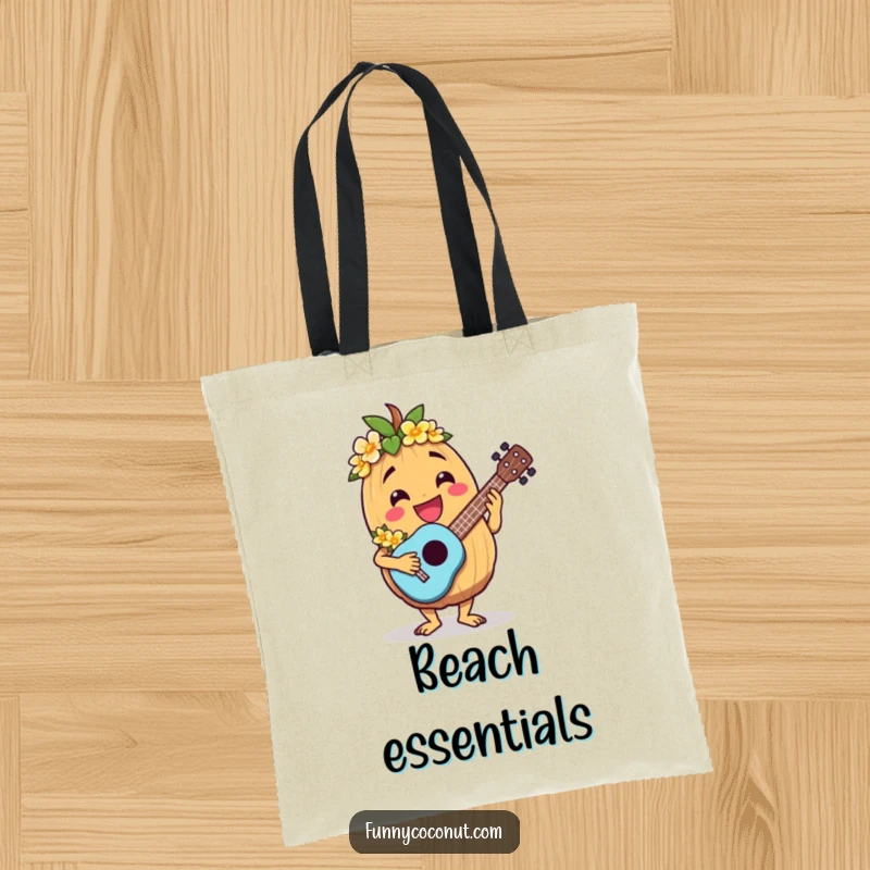 Funny tote bag with a jovial coconut character wearing a lei and playing a ukulele.