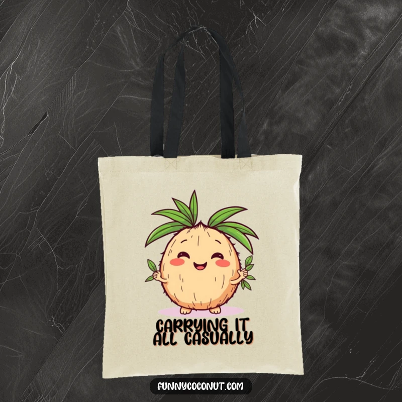 Funny kawaii coconut juggling palm leaves, showcasing its talent on a durable tote bag, ready for errands.