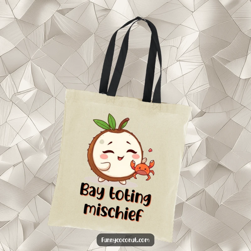 Funny Kawaii Coconut Tote Bag: a mischievous character winking and tossing a tiny crab, ideal for beach trips and carrying essentials.
