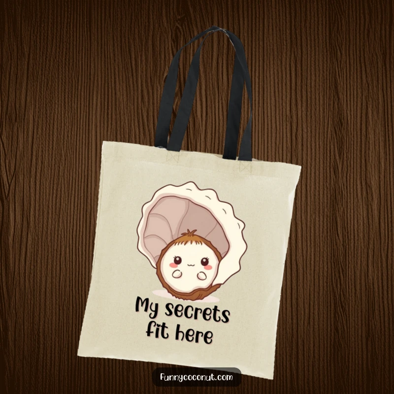 Funny shy kawaii coconut peeking from behind a large seashell on a durable tote bag, ideal for beach days.