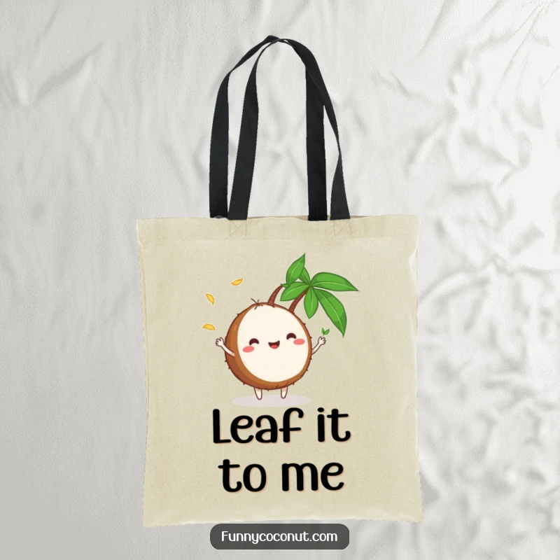 Funny Tote Bag: A cheerful coconut character actively juggling tiny green palm leaves, showcasing a fun and tropical design for carrying items.